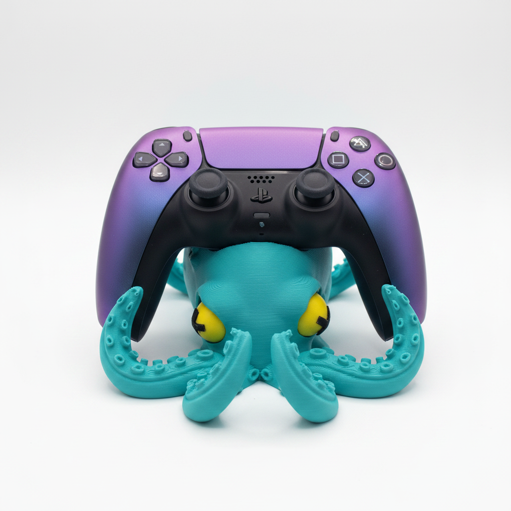 Teal 3D printed octopus controller holder with yellow eyes holding a purple PS5 controller, front view