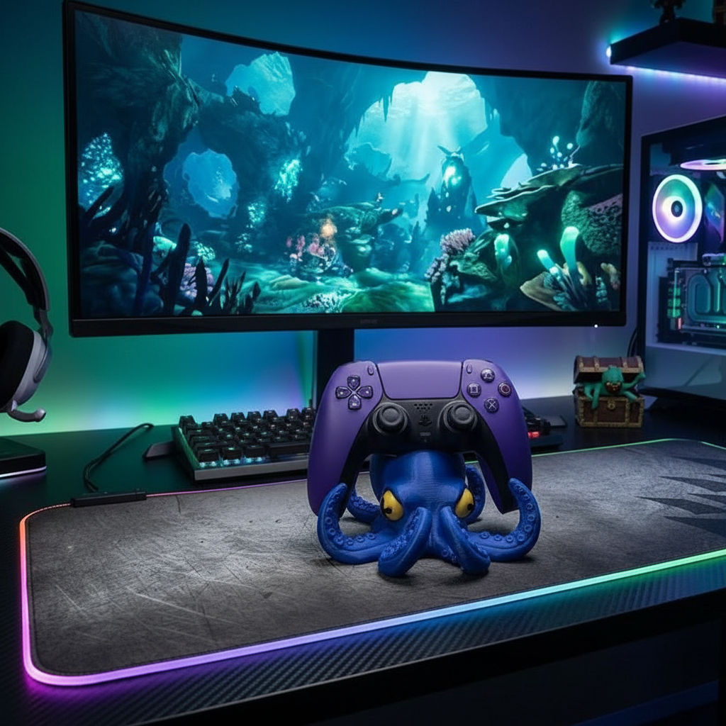 3D printed octopus controller holder on a gaming desk with RGB lighting and PS5 controller