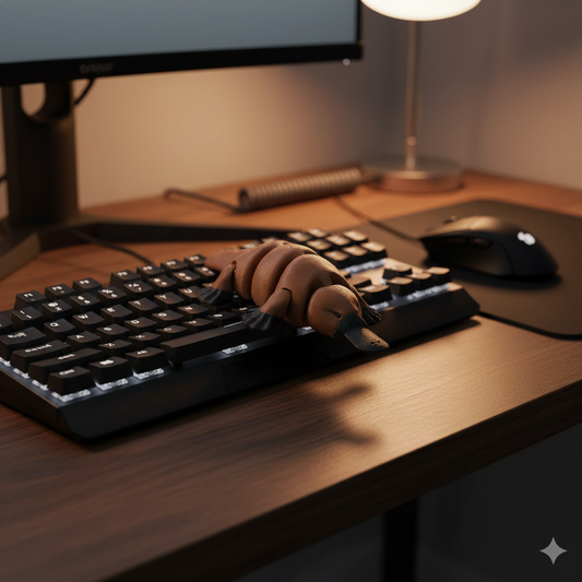 3D printed articulated platypus toy on a gaming desk next to a mechanical keyboard