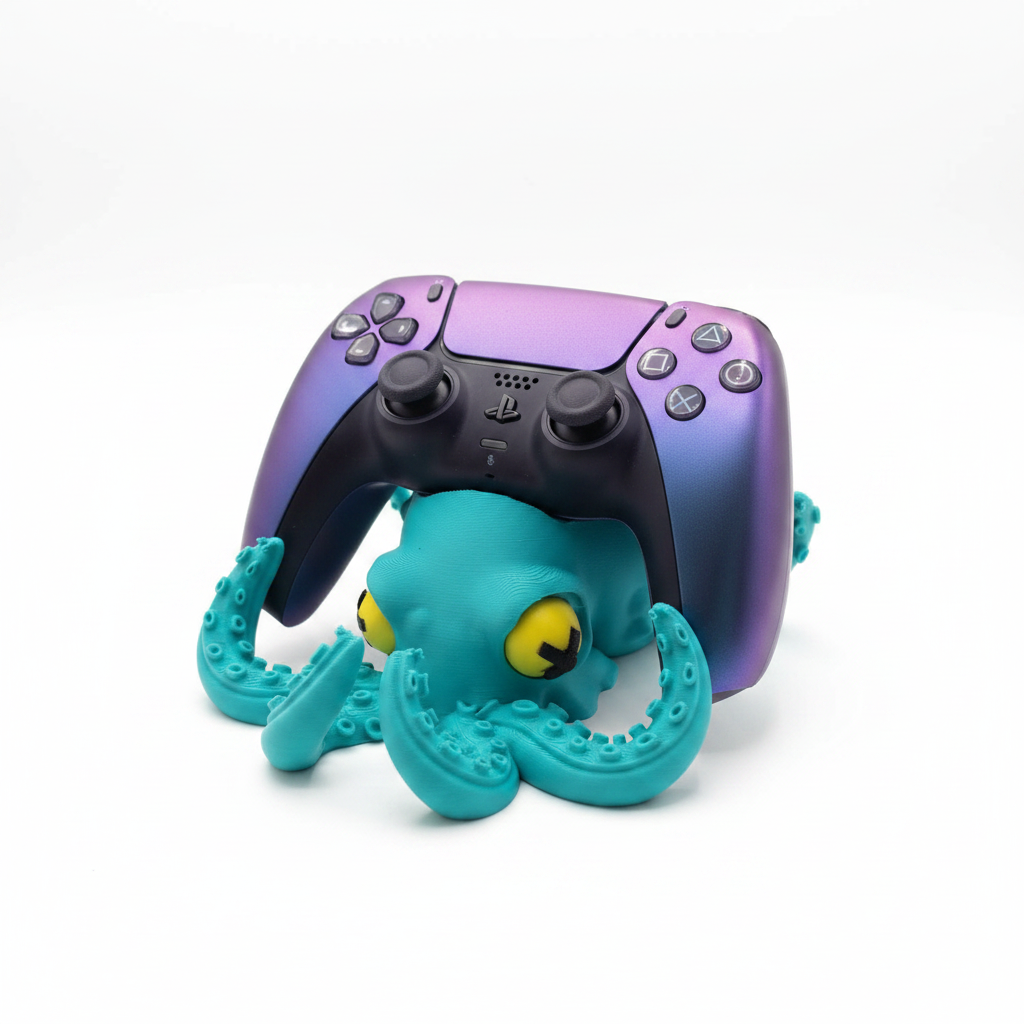 Teal 3D printed octopus controller holder with yellow eyes holding a purple PS5 controller, angled view
